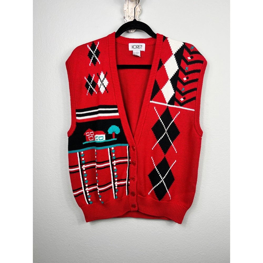 Koret Sweater Vest Womens XL Red Argyle Novelty‎ House Knit V-Neck Vintage
